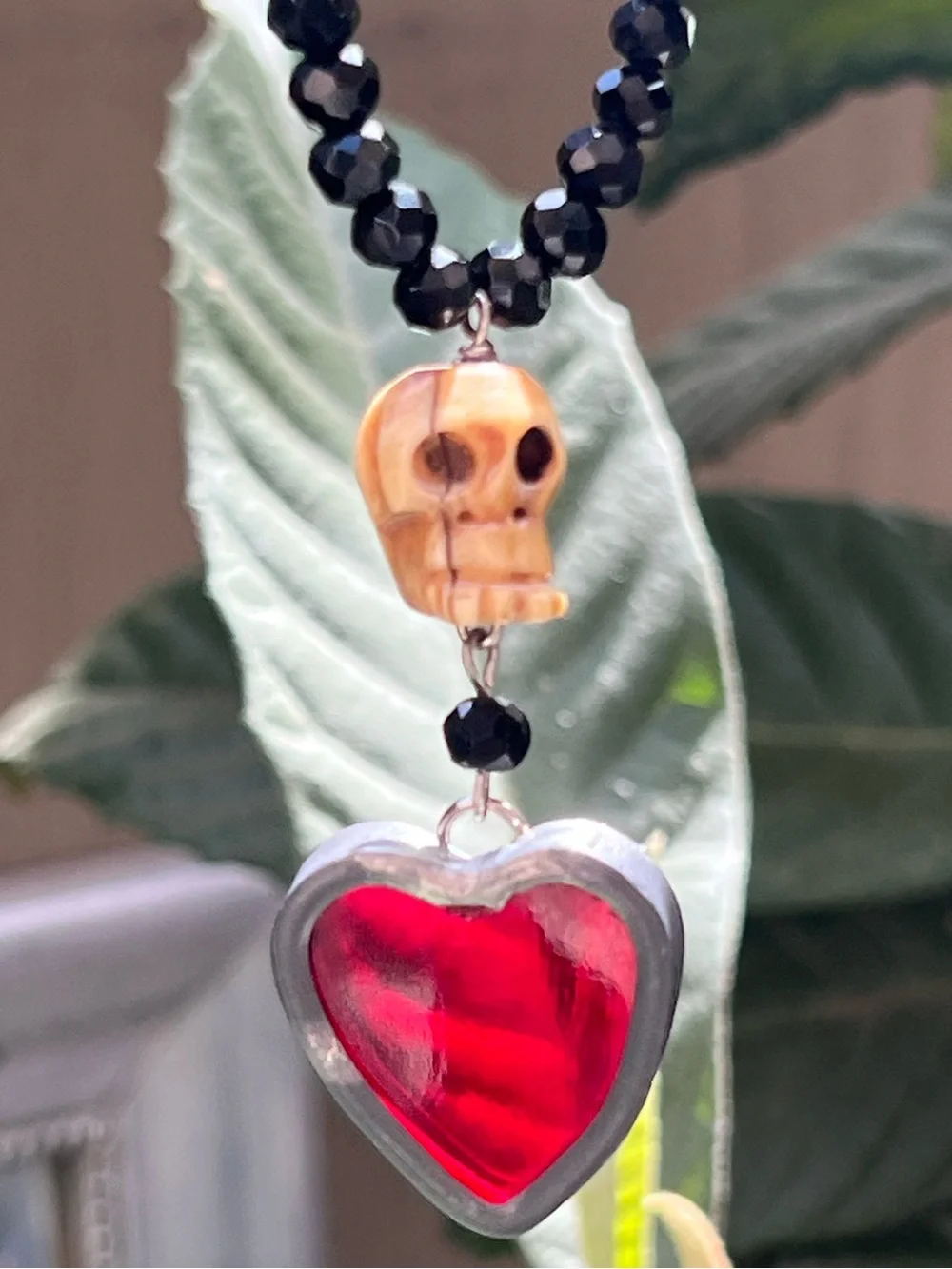 Handcrafted Black Crystal Bead Necklace with Red Steampunk Heart Pendant & Skull